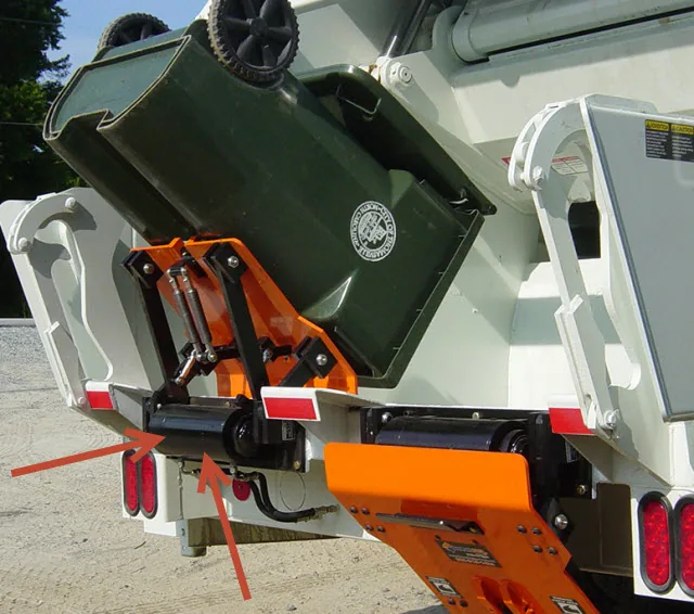 Rear loader garbage truck bin tipper