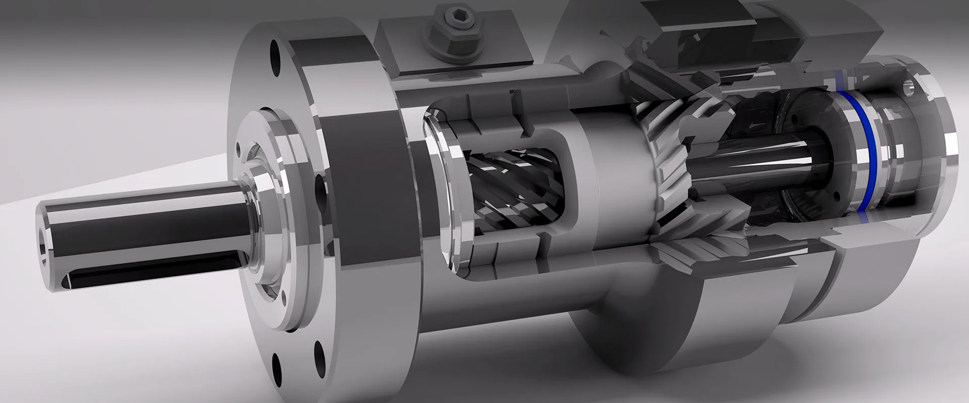 Cutaway of a helical hydraulic rotary actuator showing shaft, piston and ring gear